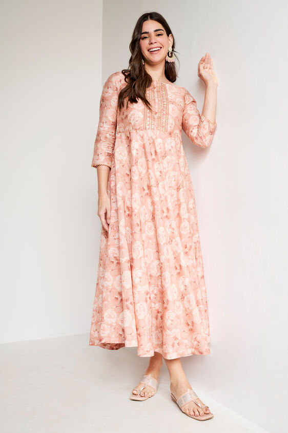 Peach Floral Flared Dress, Peach, image 1